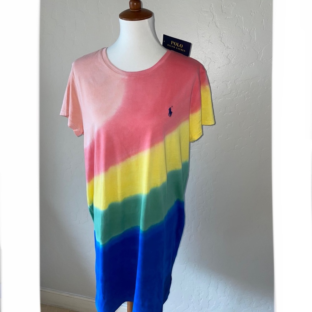 🎉HP🎉New! Polo Ralph Lauren Cotton Tie Dye Rainbow Ombre TShirt Dress Womens XL - Picture 6 of 14